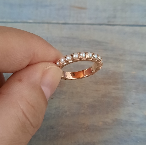 Vintage 18K Yellow Gold Custom Cultured Pearl Eternity Band Ring - Picture 9 of 12